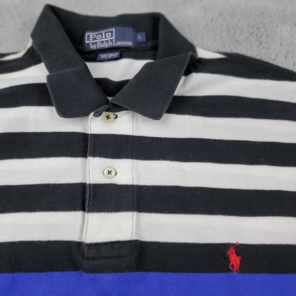 VTG Polo Ralph Lauren Polo Mens L Striped Pique Short Sleeve Pony Black White